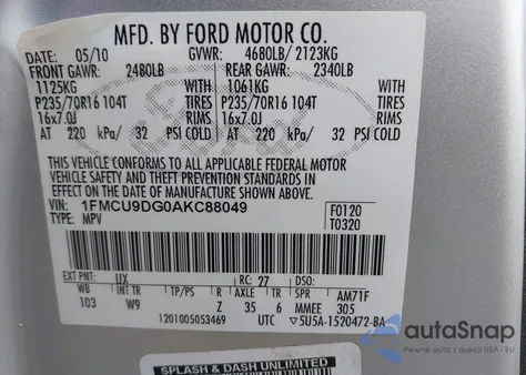 2010 Ford Escape Xlt from USA, damaged, VIN 1FMCU9DG0AKC88049